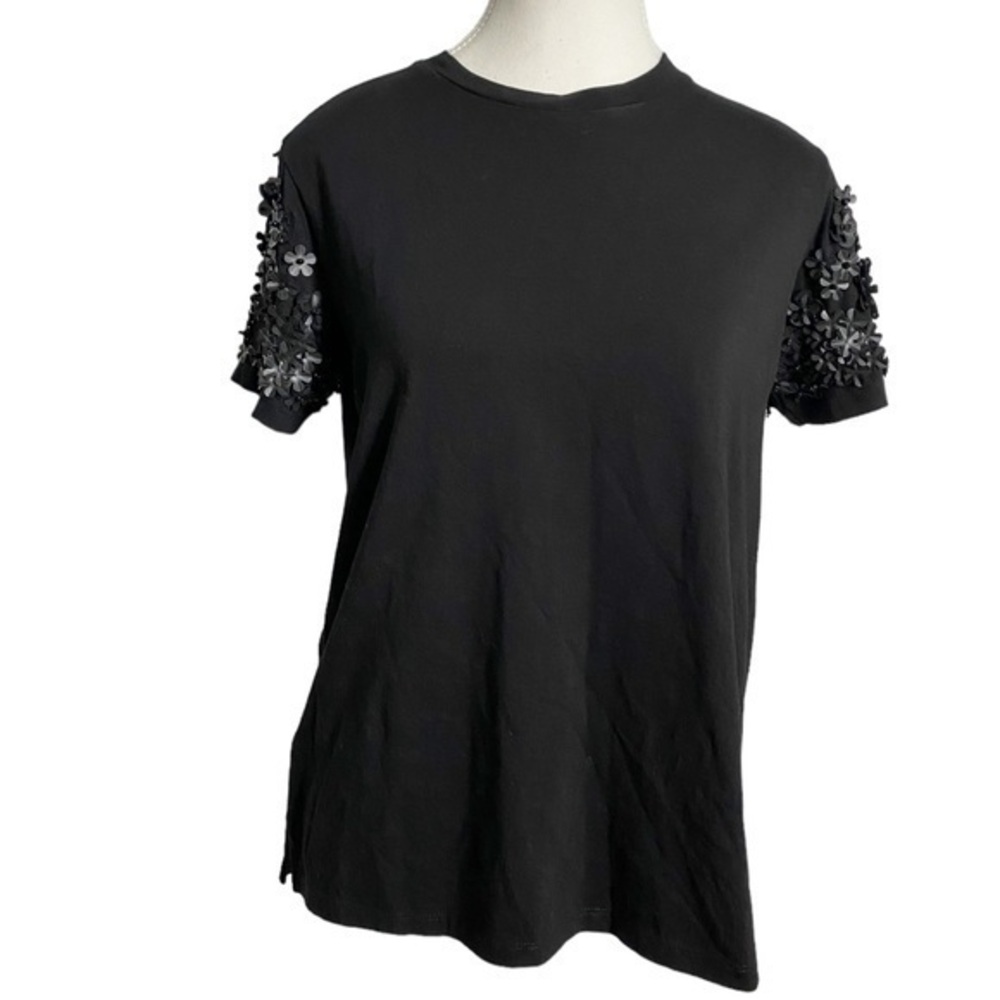 Vilagallo Black Short Sleeve Top with Floral Embellishment on Sleeves
